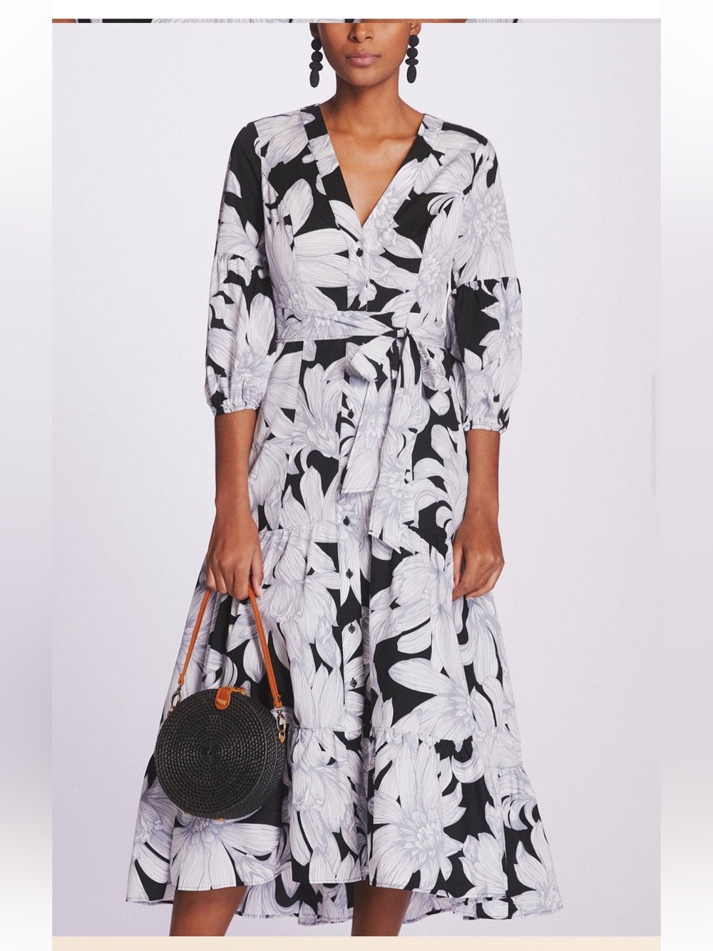 Anthropologie Maeve Puff-Sleeved Midi Dress tiered black white 100% cotton